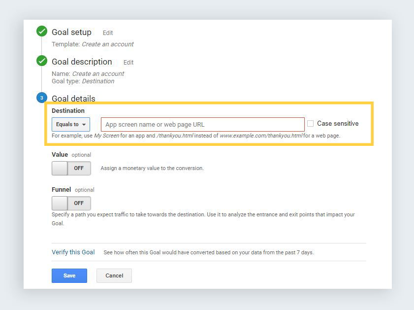 google analytics reports create conversion goal details